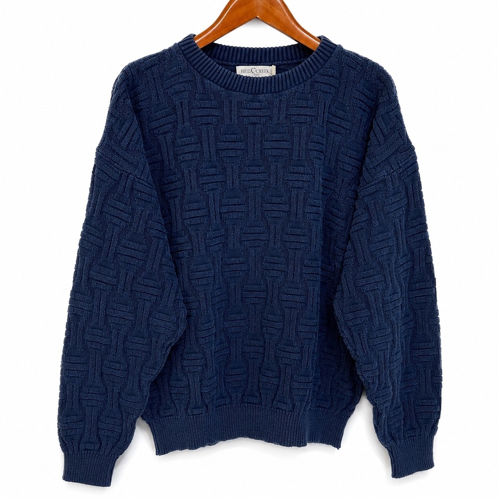 Ash Creek Trading Mens Navy Blue Basketweave Cotton Sweater Large Made in USA